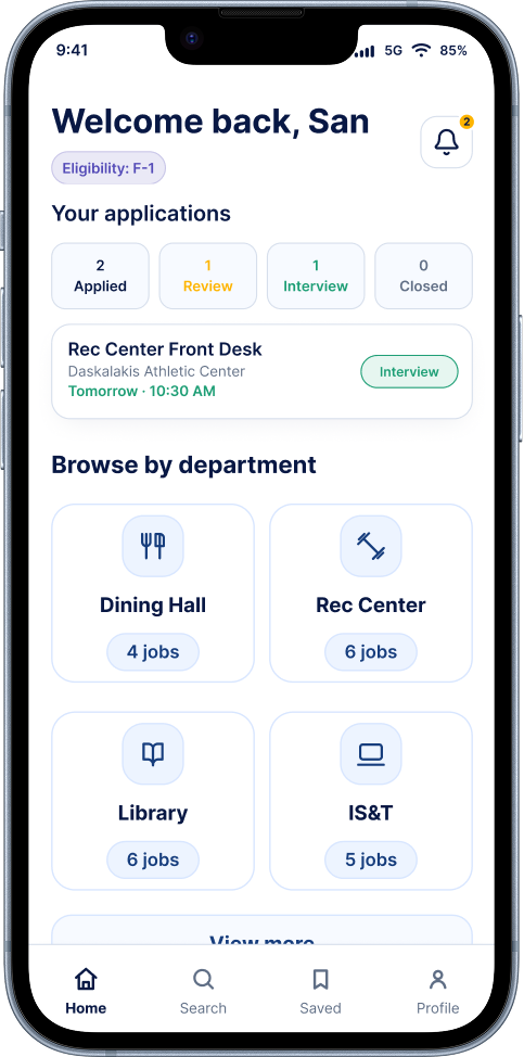 Drexel Works mobile dashboard showing campus jobs and application tracking