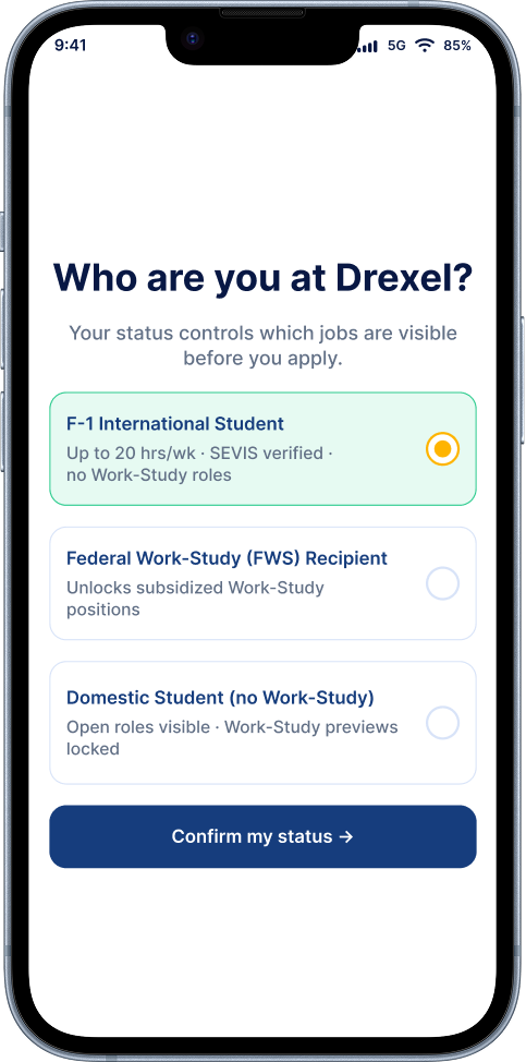 Eligibility selection screen showing F-1, work-study, and domestic student options