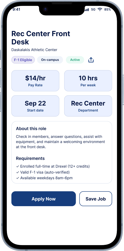 Rec Center Front Desk listing with F-1 eligibility, pay, hours, and requirements
