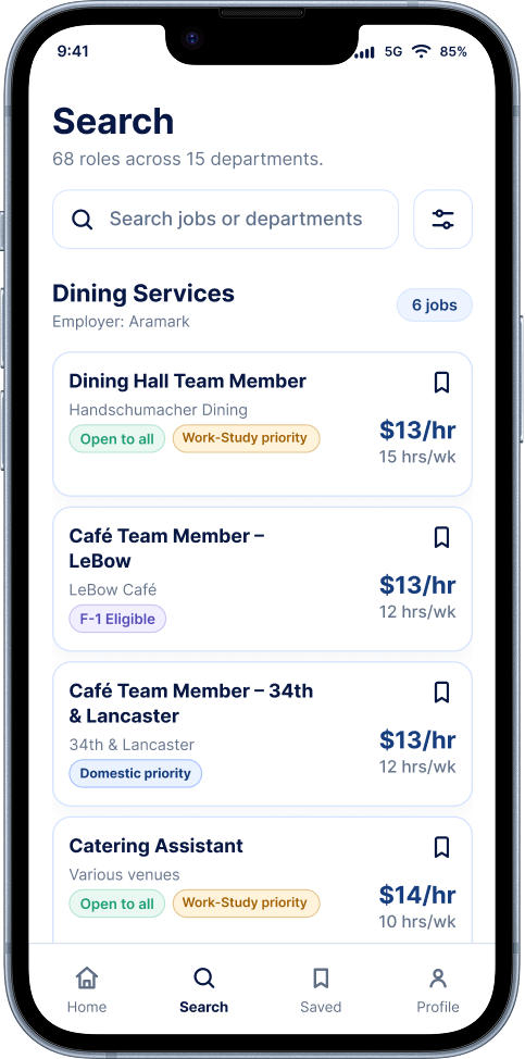 Job search with eligibility labels, pay, weekly hours, and a filter button