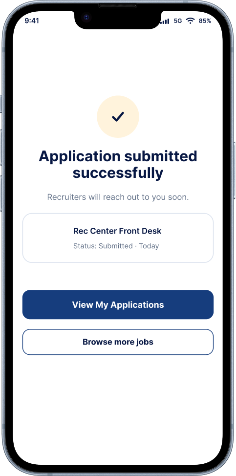 Application submitted successfully screen showing the submitted job and confirmation