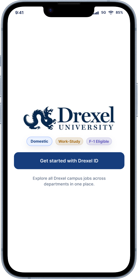 Drexel Works welcome screen with the Drexel logo and sign-in button